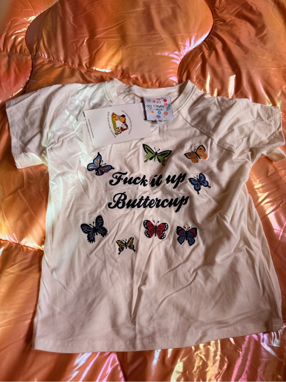 omighty White Tee with Embroidered Multicolor Butterflies